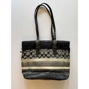 Coach Hamptons Signature Stripe Tote F11529 Black Whites Grays